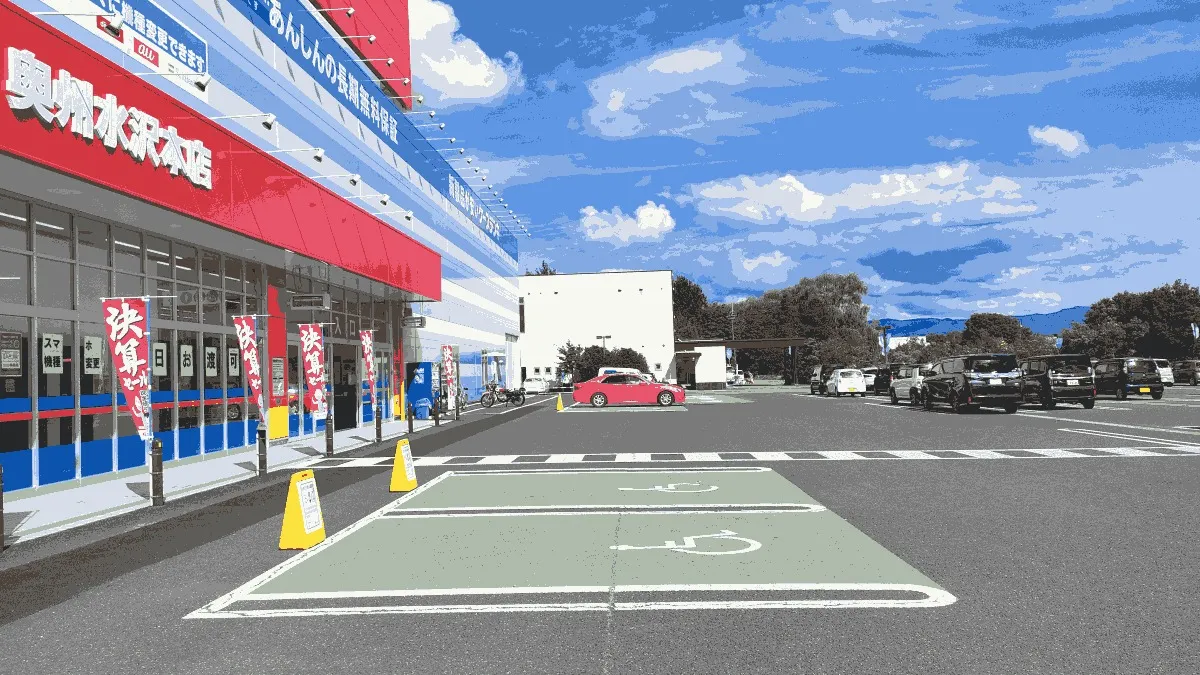ケーズデンキ 奥州水沢本店の店舗外観イメージ（イラスト風）
