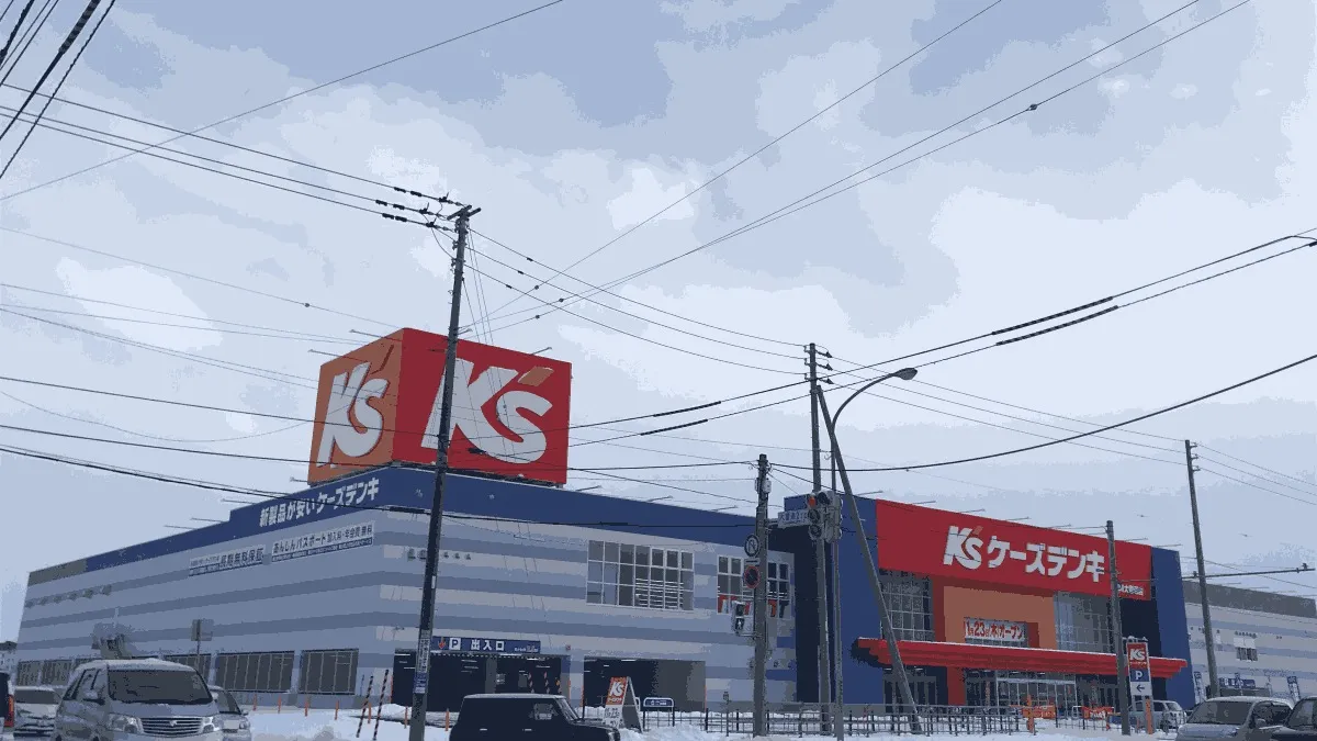 ケーズデンキ 旭川大雪通店の店舗外観イメージ（イラスト風）