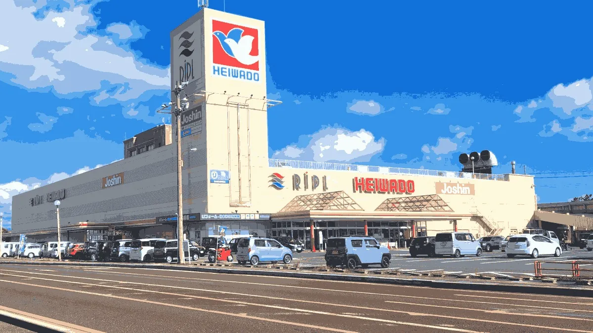 ジョーシン 近江今津店の店舗外観イメージ（イラスト風）