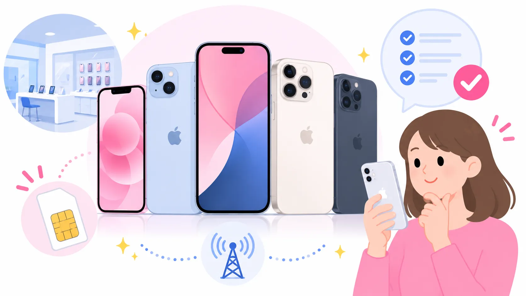 楽天モバイルで使える複数世代のiPhoneを並べ、対応機種と選び方を比較するイラスト