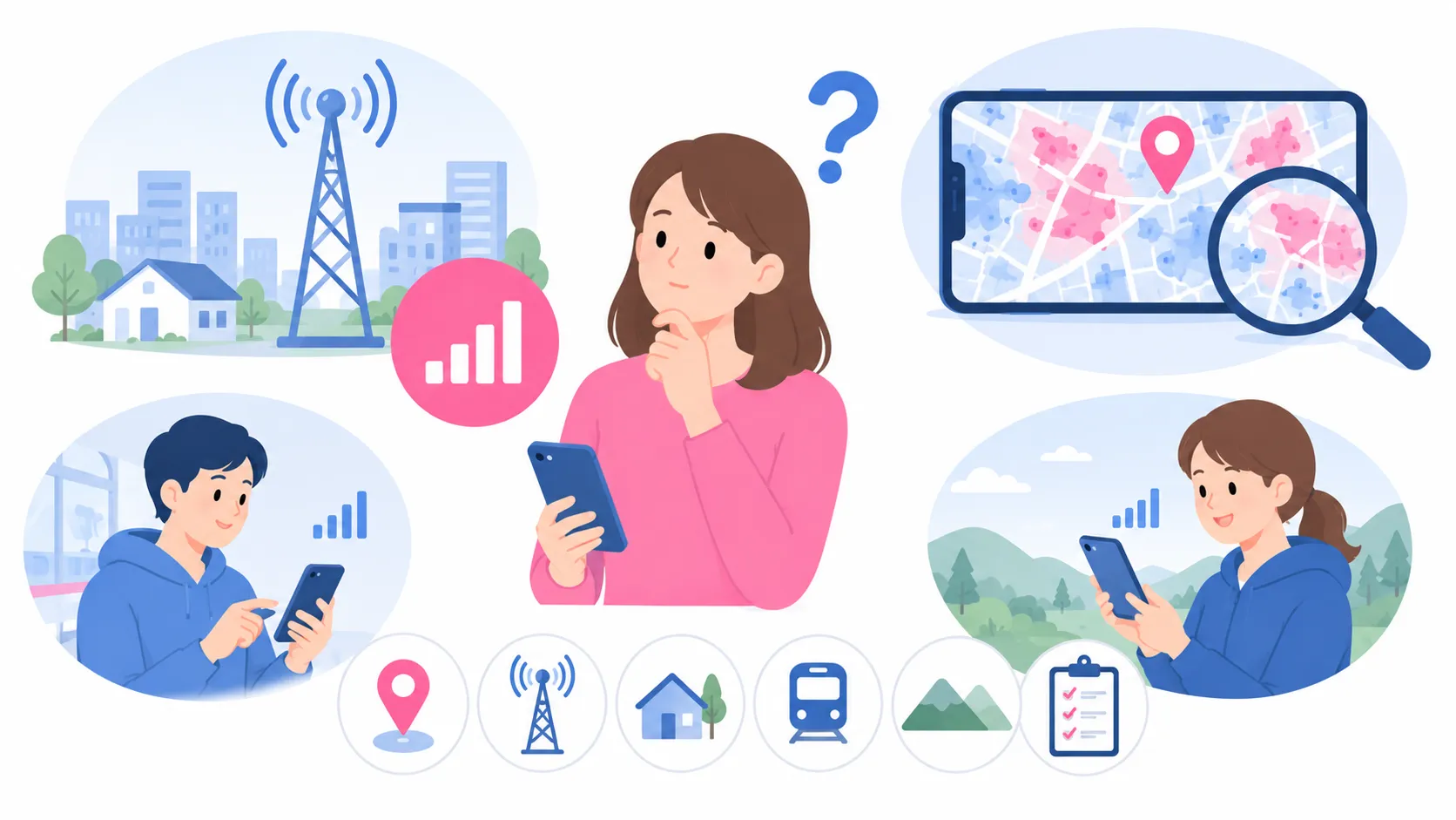 楽天モバイルの電波状況とサービスエリアを、地図やアンテナ・都市と郊外の場面で確認するイラスト