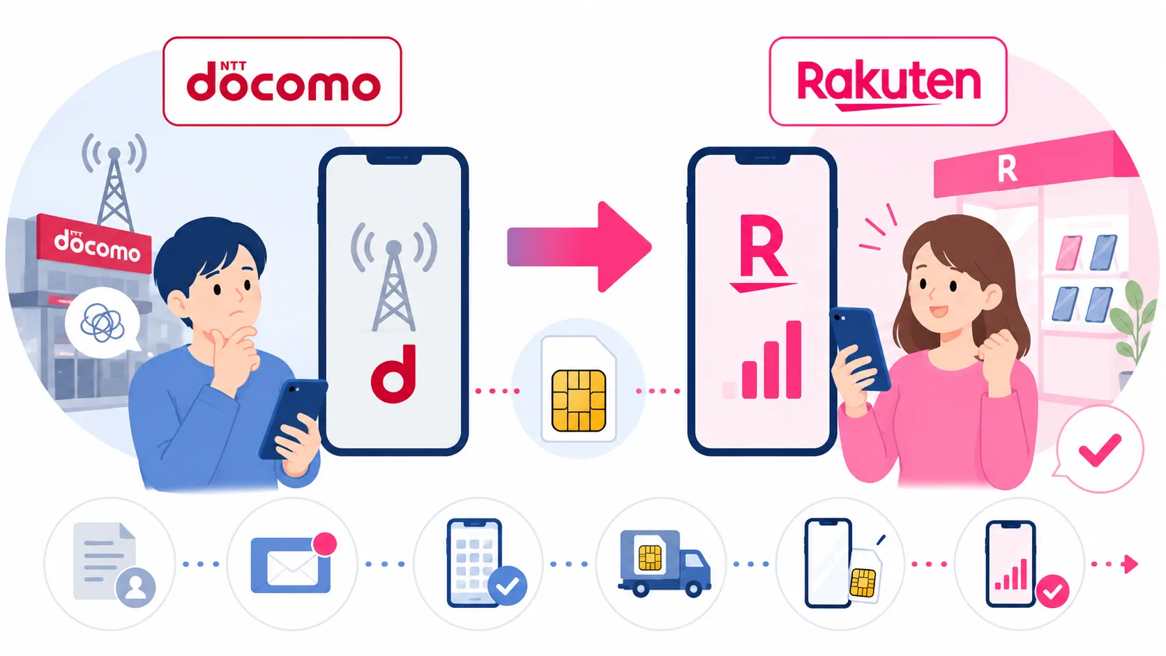 ドコモから楽天モバイルへMNPで乗り換える手順を、両社のロゴとSIM・申込ステップで示した図解