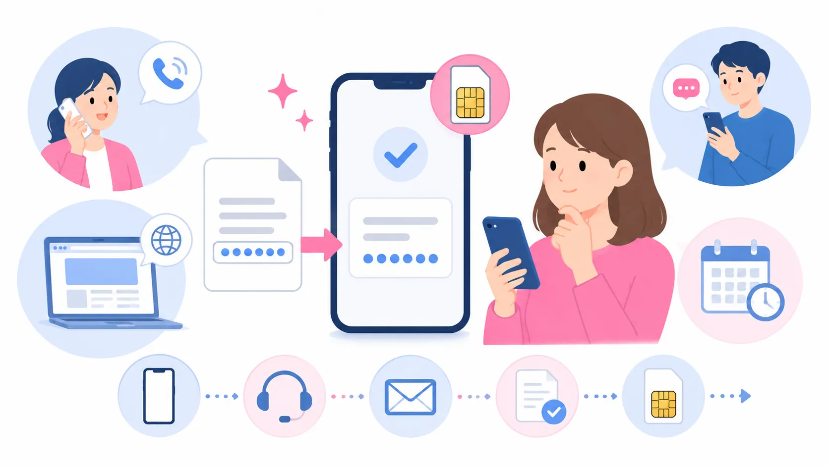 MNP予約番号を取得して楽天モバイルへ申し込むまでの手順を、スマホ画面と番号発行で示した図解