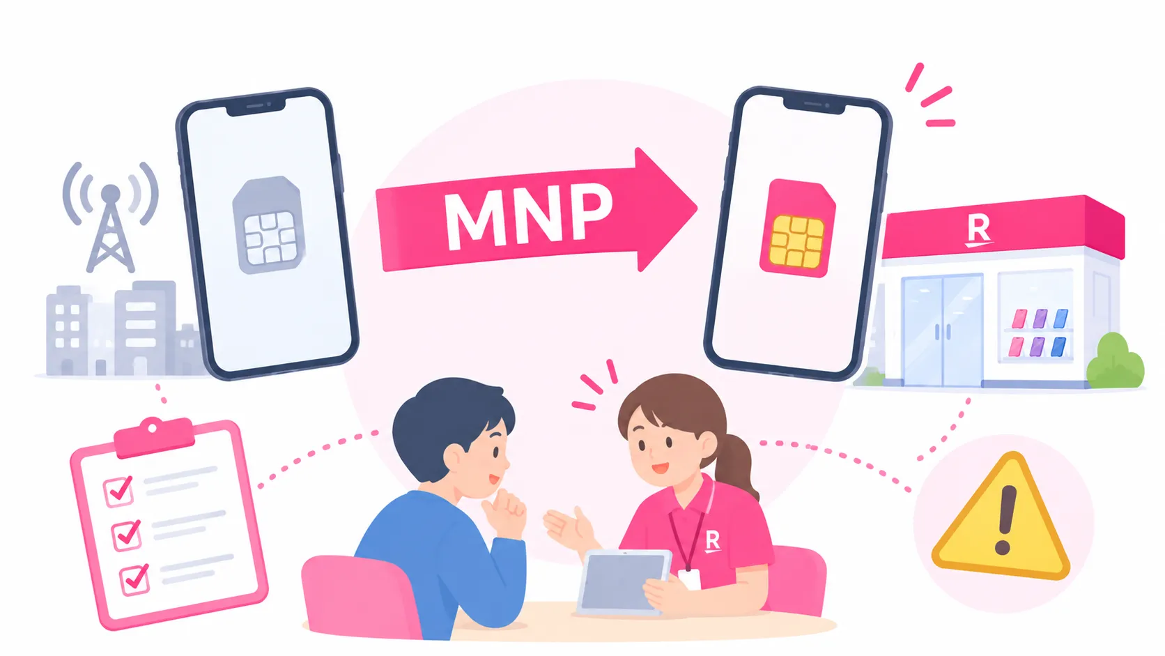 他社から楽天モバイルへのMNP乗り換えを店舗で手続きする流れと注意点を、SIM交換や店員への相談で示したイラスト