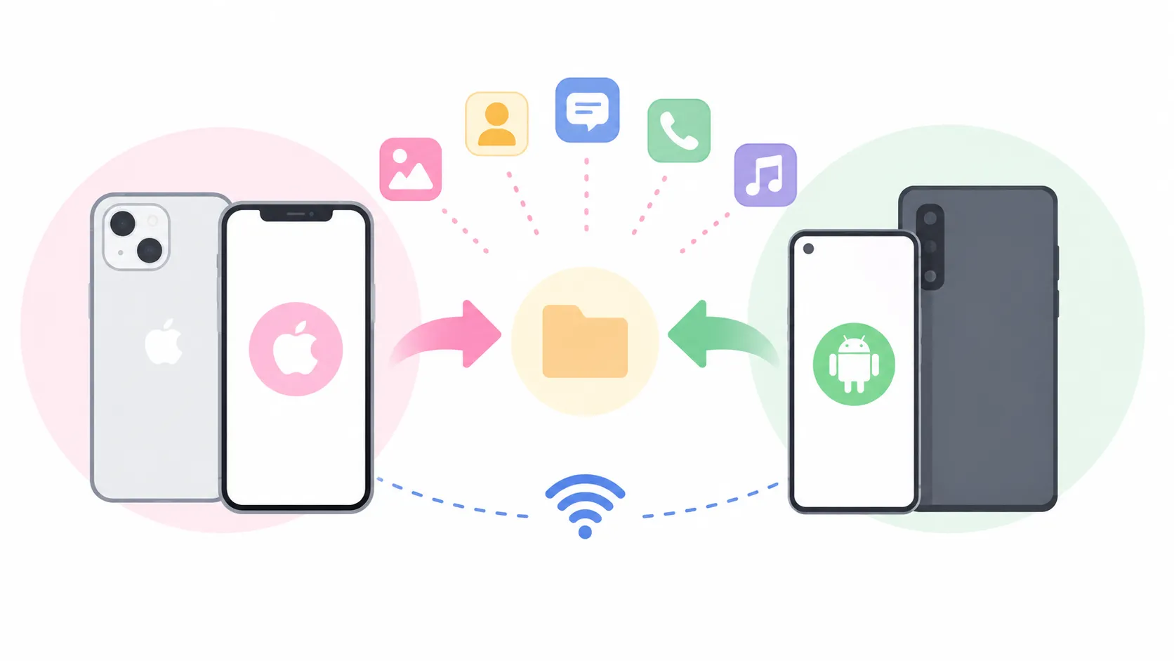 iPhoneとAndroidの間で写真・連絡先・メッセージなどのデータを移行する方法を示した図解