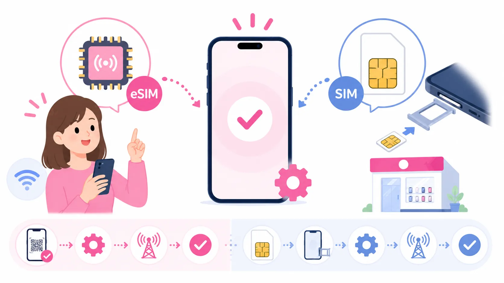 楽天モバイルの開通手続きと初期設定を、eSIMとSIMカードそれぞれの手順で示した図解